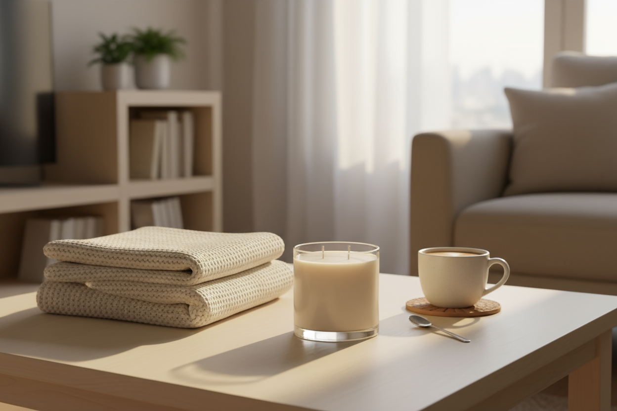 a double wicked soy candle on a coffee table