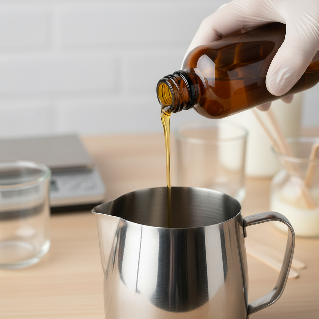 pouring fragrance oil into a pouring pot