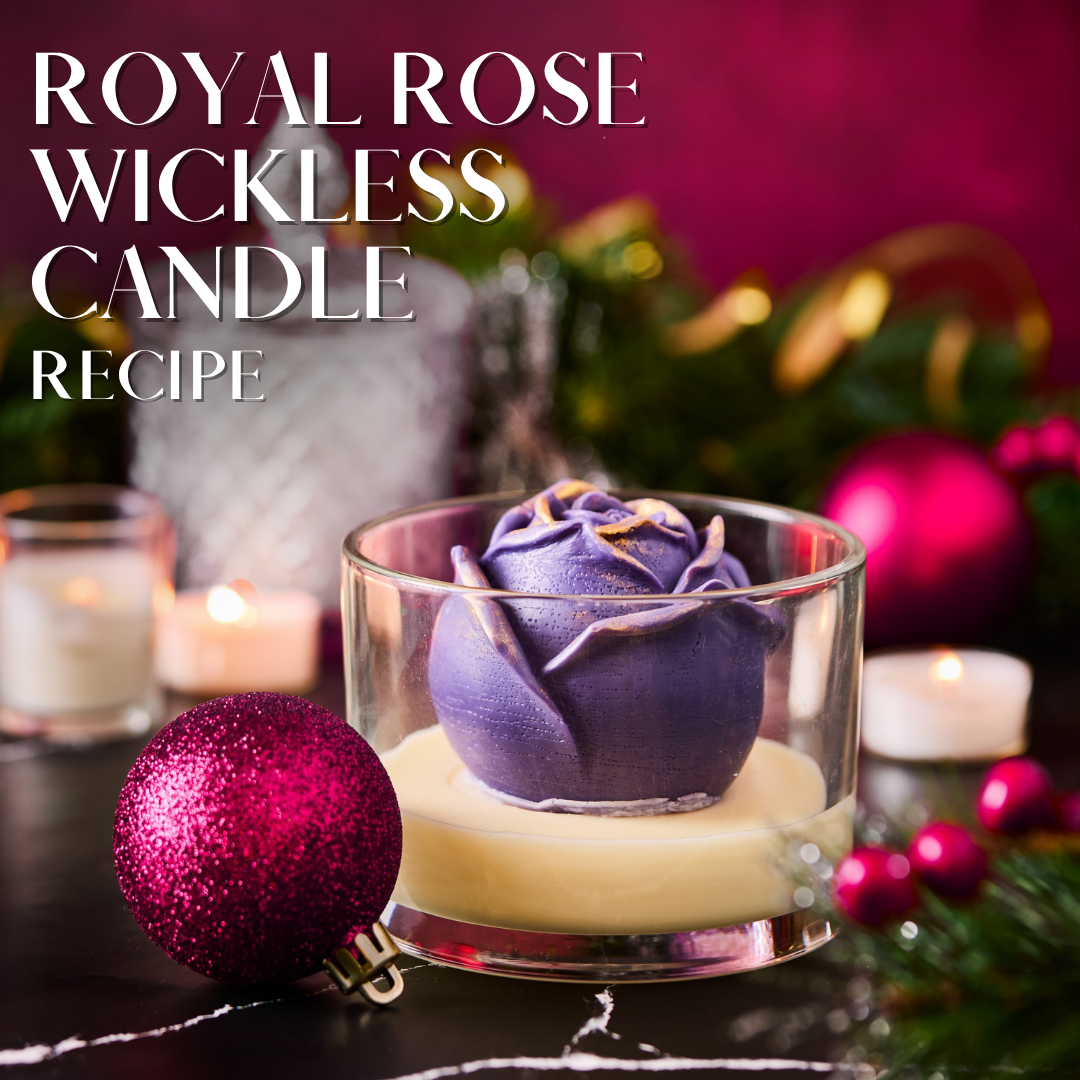 wickless candle in a clear jar with a wax rose on top