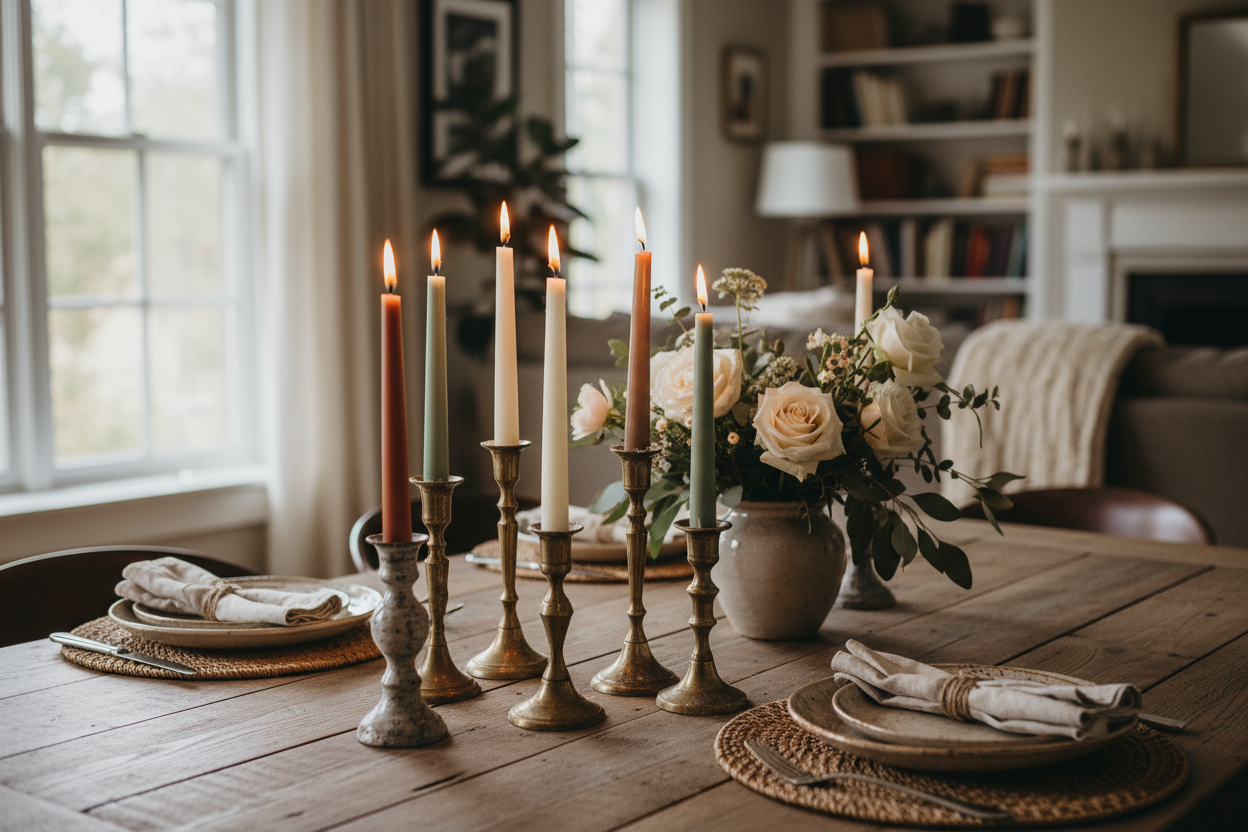 taper candles on a dining table