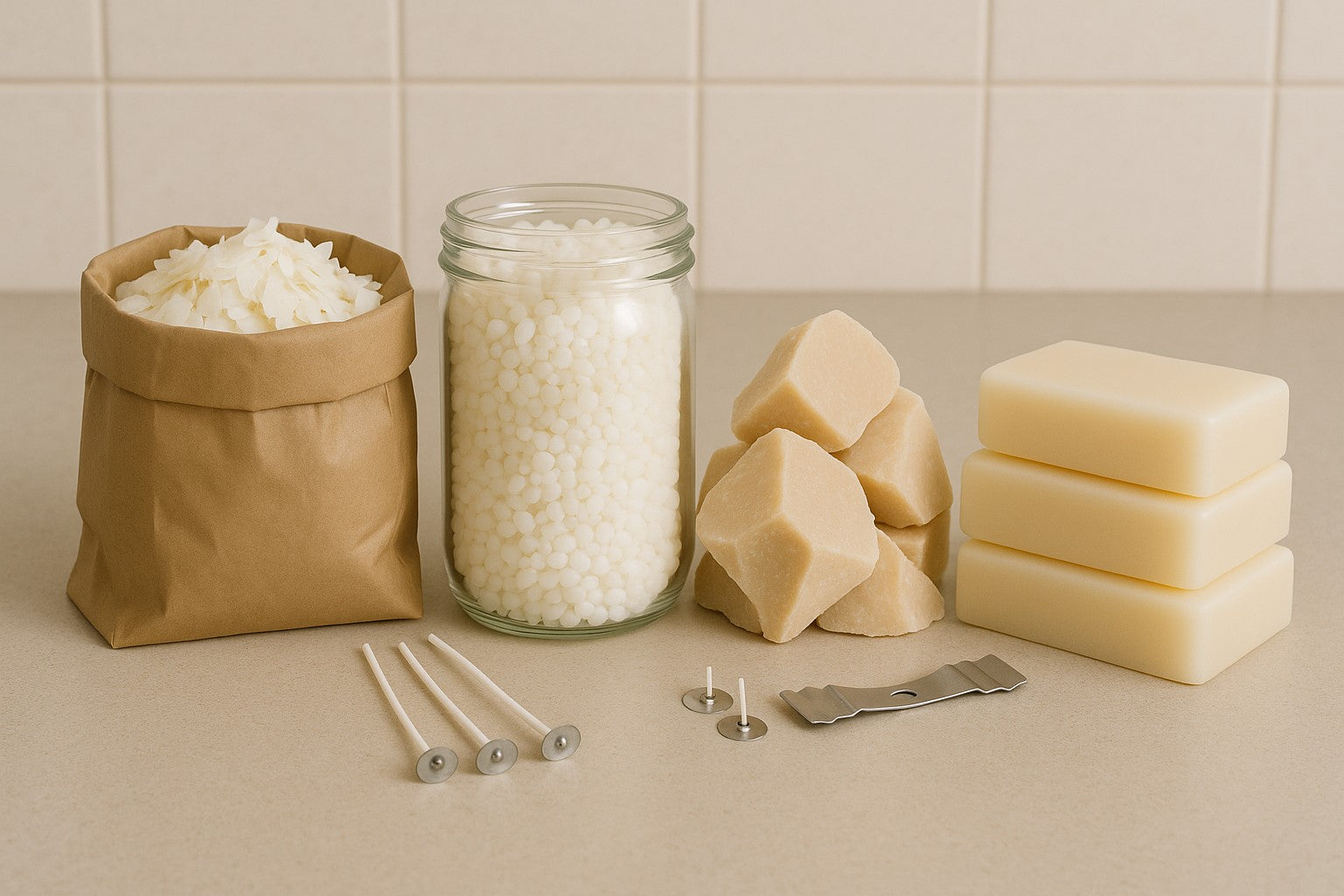 soy wax and paraffin wax on a counter 