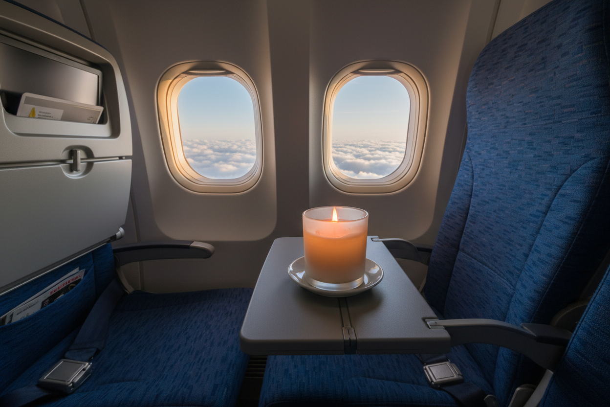 coconut soy wax candle on a plane