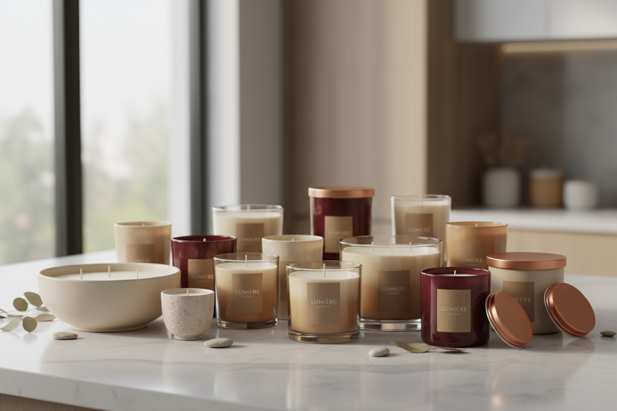 a bunch of candles on a counter