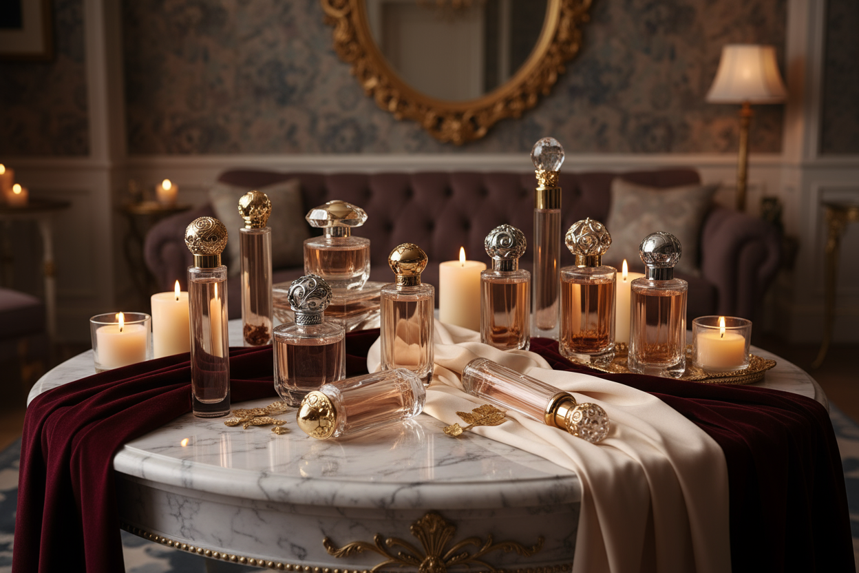 fragrance and candles on a table