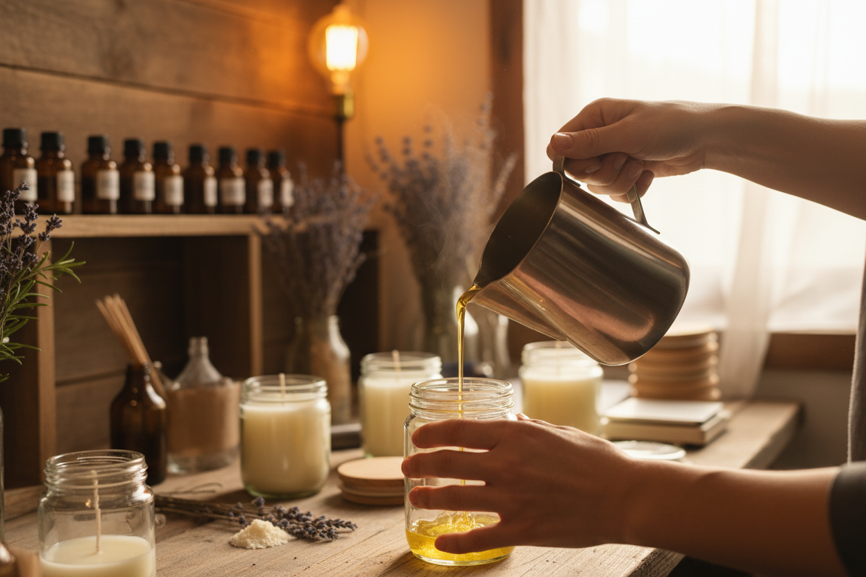 pouring a soy wax candle