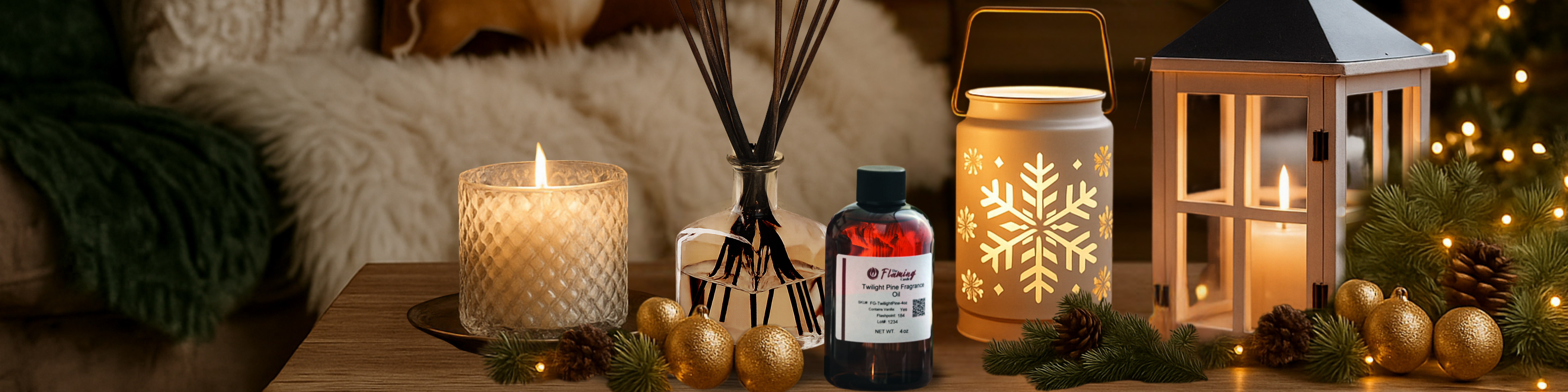 Cozy holiday living room with candles, a reed diffuser, and The Flaming Candle “Twilight Pine” fragrance oil on a wooden table surrounded by gold ornaments, pine branches, and warm string lights.