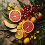 Assorted fruits including grapefruit, apples, and lemons on a textured surface with leaves.
