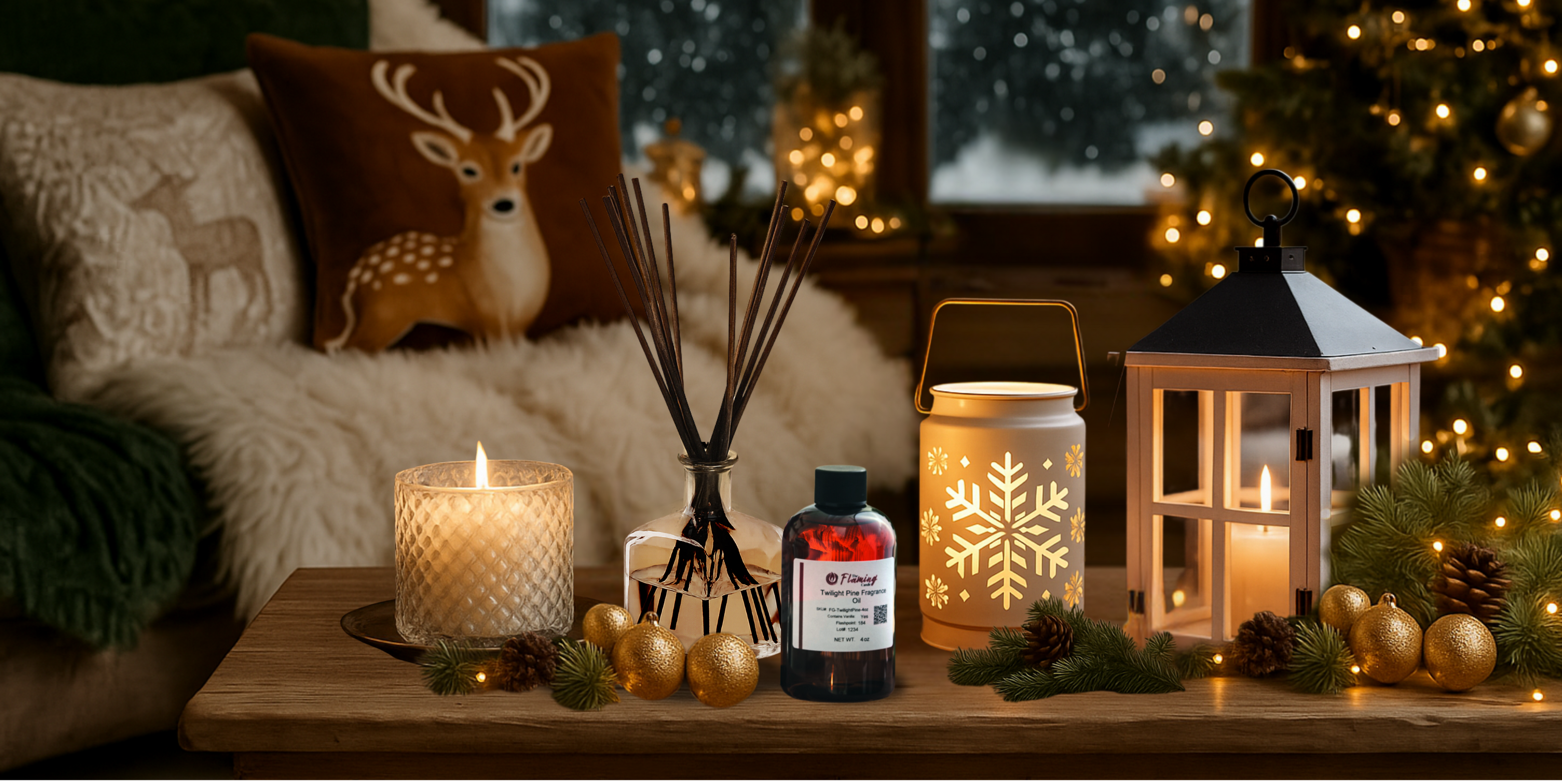 Warm holiday living room scene featuring a glowing candle, reed diffuser, and The Flaming Candle “Twilight Pine” fragrance oil on a wooden table with gold ornaments, pine sprigs, and lanterns beside a cozy sofa with reindeer pillows and festive lights.