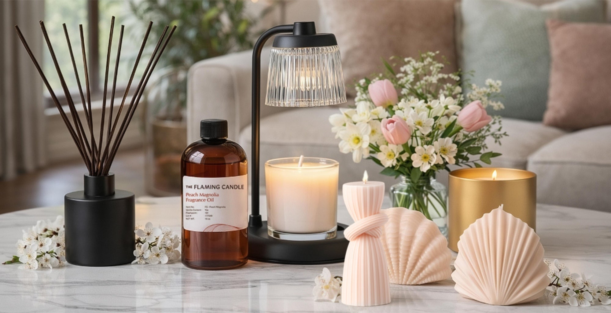 Marble coffee table with lit candles, reed diffuser, amber fragrance oil bottle, and pastel decorative pieces, set in a cozy living room with sofa, pillows, throw blanket, and potted plant in soft natural light.
