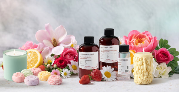 Spring-themed display featuring The Flaming Candle fragrance oils, pastel candles, and wax melts surrounded by fresh flowers, strawberries, and a lemon slice on a light stone surface, creating a bright, floral-inspired scent story.