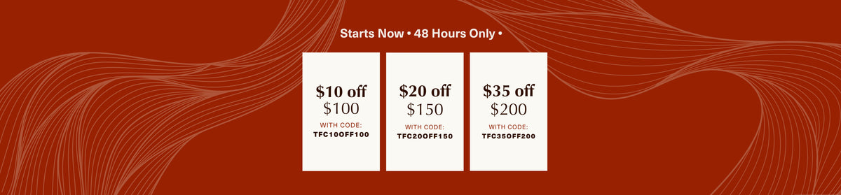 48-hour sale promotional graphics featuring tiered discounts and coupon codes for purchases of $100, $150, and $200.