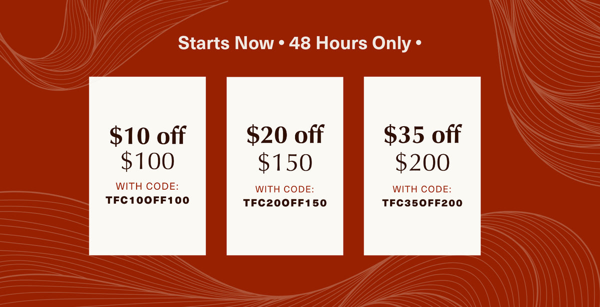 48-hour sale promotional graphics featuring tiered discounts and coupon codes for purchases of $100, $150, and $200.