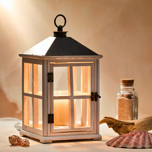 Weathered White Wooden Candle Warmer  Lantern