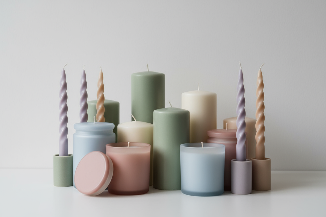 a variety of candles in several colors not too bright
