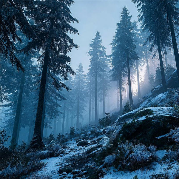 Misty forest with tall trees and rocky ground